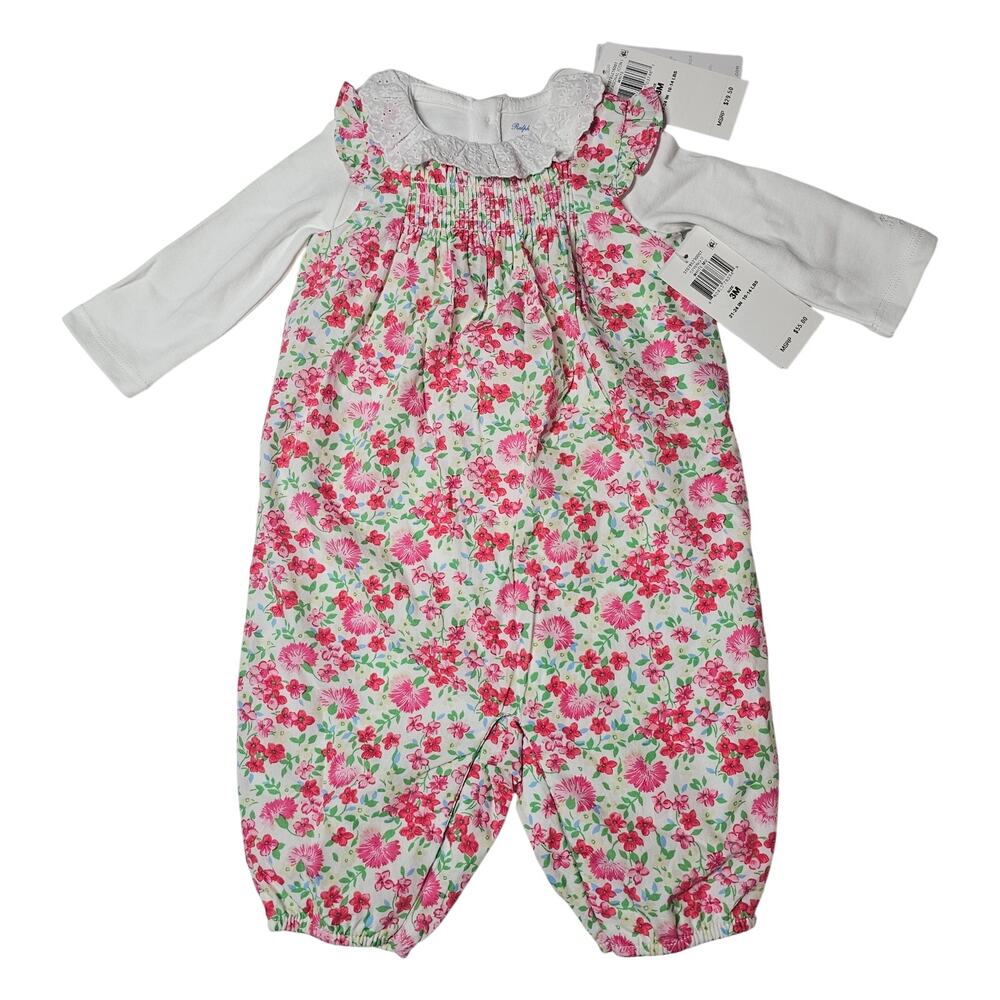 Ralph Lauren Baby Girl 2-Piece Pink Floral Romper + White Bodysuit Set NWT 3M